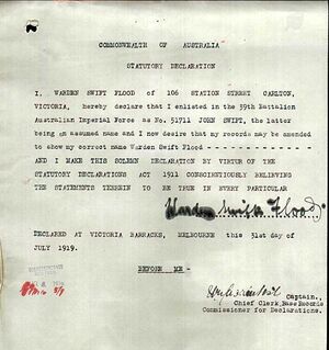 Australia, WWI Service Record - Declaration re assumed name