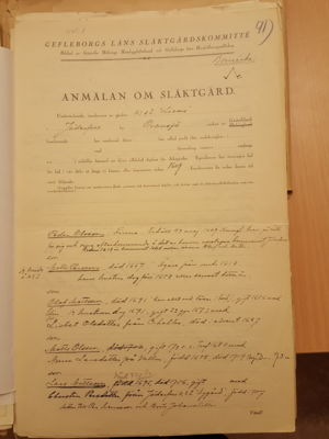 Gefleborgs läns släktgårdskommitté, anmälan om släktgård, 1933. Jäderfors nr 2 s2 Liases