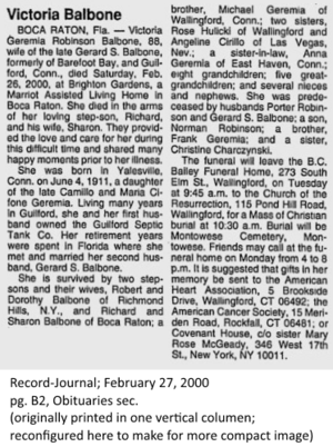 Obituary for Victoria G. R. Balbone (2000)