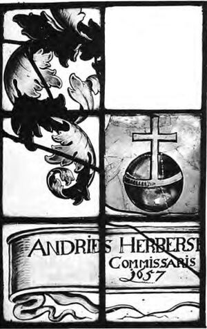 Stained glass window displaying part of the Andries Harberson coat of arms
