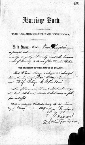 Benjamin Hayden marriage to Elizabeth Eliza Clarkson