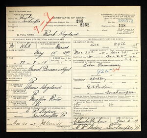 Frank Hogeland Death Certificate