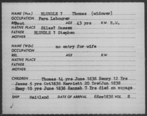 Immigration Record of Thomas Blundell and children