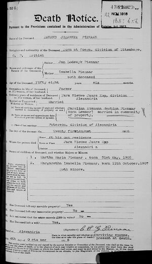 1918.08.21 Death Notice Barend Johannes Pienaar