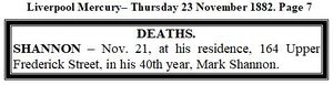 Mark Shannon death notice 1882