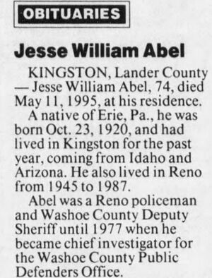 Jesse William Abel, Kingston, Lander County Jesse William Abel Obit, 74 (23 Oct 1920-11 May 1995)