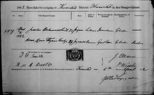 Marriage: Jacobus Oostenwald Smidt & Anna Maria Thysina Knoetze. 6 Mar 1882