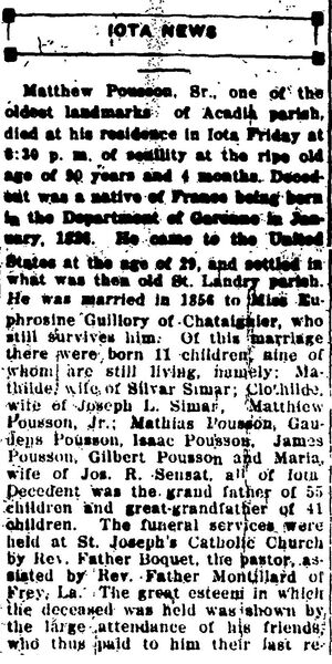 Matthew Pousson Sr. Obituary, Daily Signal,19 May 1916, Page 4