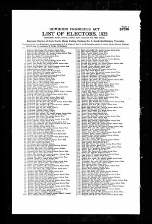 Canada Voters List 1935: Valentine Cryderman