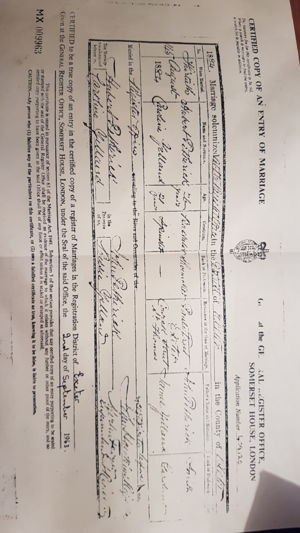 Hubert Petherick and Caroline Yelland marriage certificate