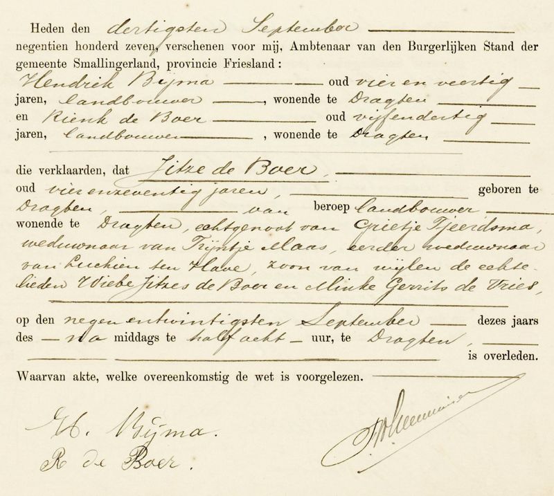Jitze Wiebes De Boer ✝ Hij is overleden op zo 29 sep. 1907 te Drachten