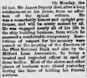 1877 Obituary: James H Deputy