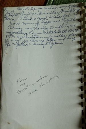Grandma Humphrey's Inscription to granddaughter, Gail, inside the cookbook