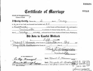 Clyde & Myrtle Marriage Certificate Copy