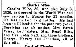 Obituary for Charles Wise - 8 Jul 1926 - Portsmouth, Ohio