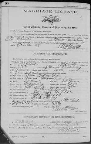 Thomas Milton Clive to Maude Canterbury's Marriage License