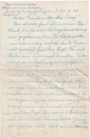 Image 2 of 3 of Wilhelmine Miether's Letter, 1947