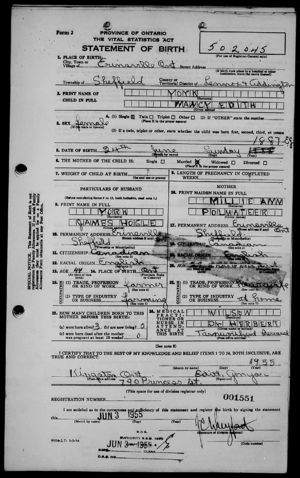 Nancy Edith York Birth Registration