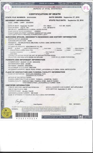 James Larry Driggers Death Certificate