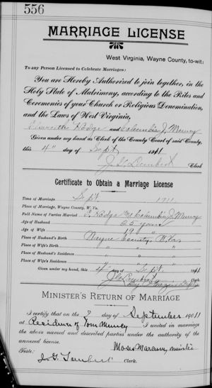 Elsworth Hodge and Columbia J. Muncy Marriage Record