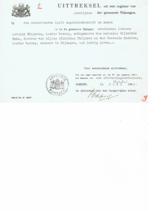 Death certificate of Johanna Antonia Hahn